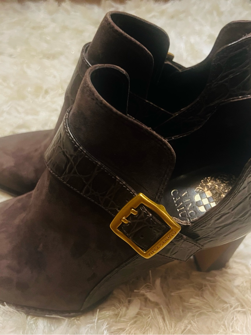 Vince Camuto Dark Brown Suede Ankle Boot with Gold Buckle